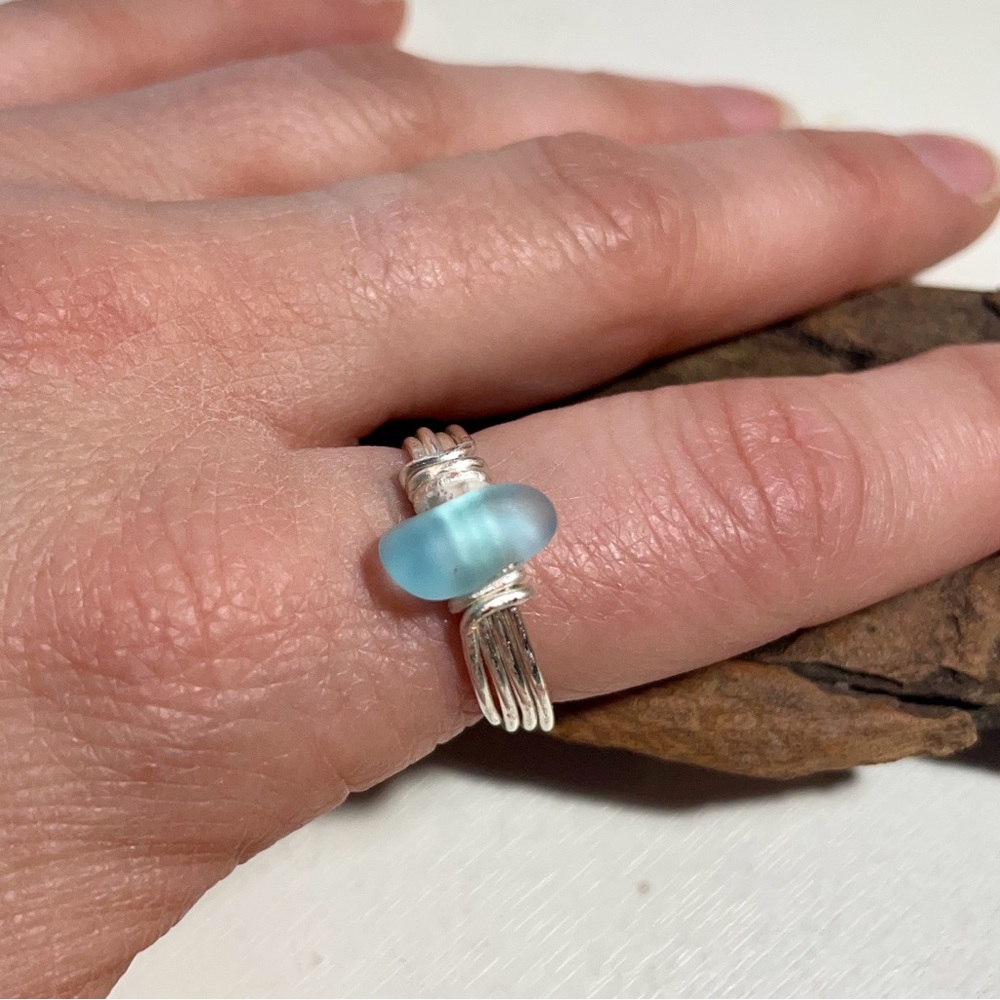 Artisan Sea Glass Silver Plated Wire Wrapped Ring Size 6.5